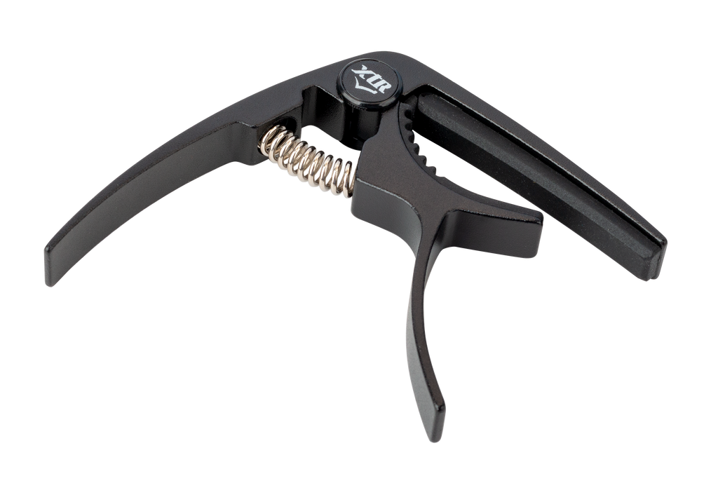 Black XTR GPX4CB Trigger Style Guitar Capo attached to a guitar neck, showcasing its quick-release mechanism and sleek design.