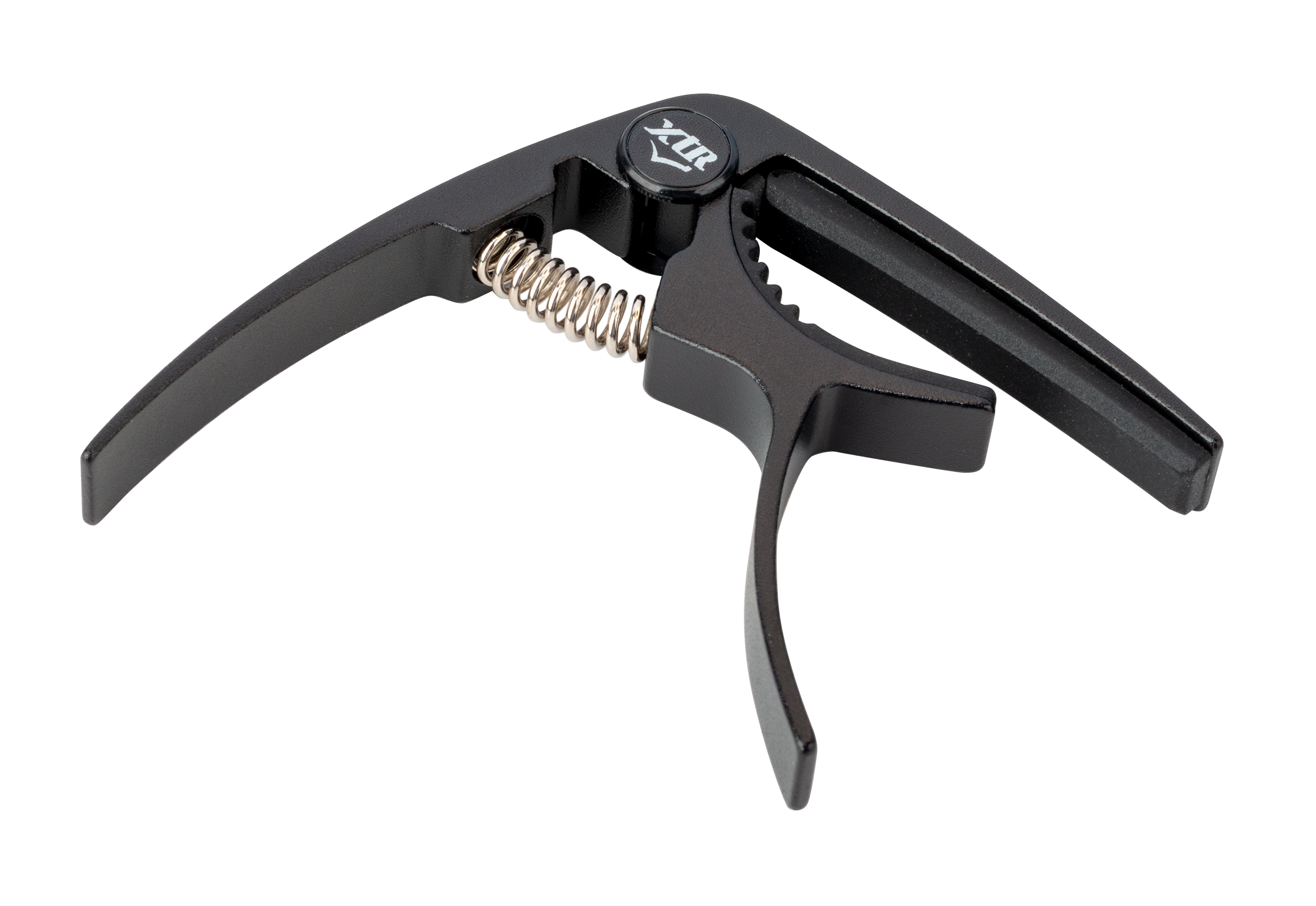 Black XTR GPX4CB Trigger Style Guitar Capo attached to a guitar neck, showcasing its quick-release mechanism and sleek design.