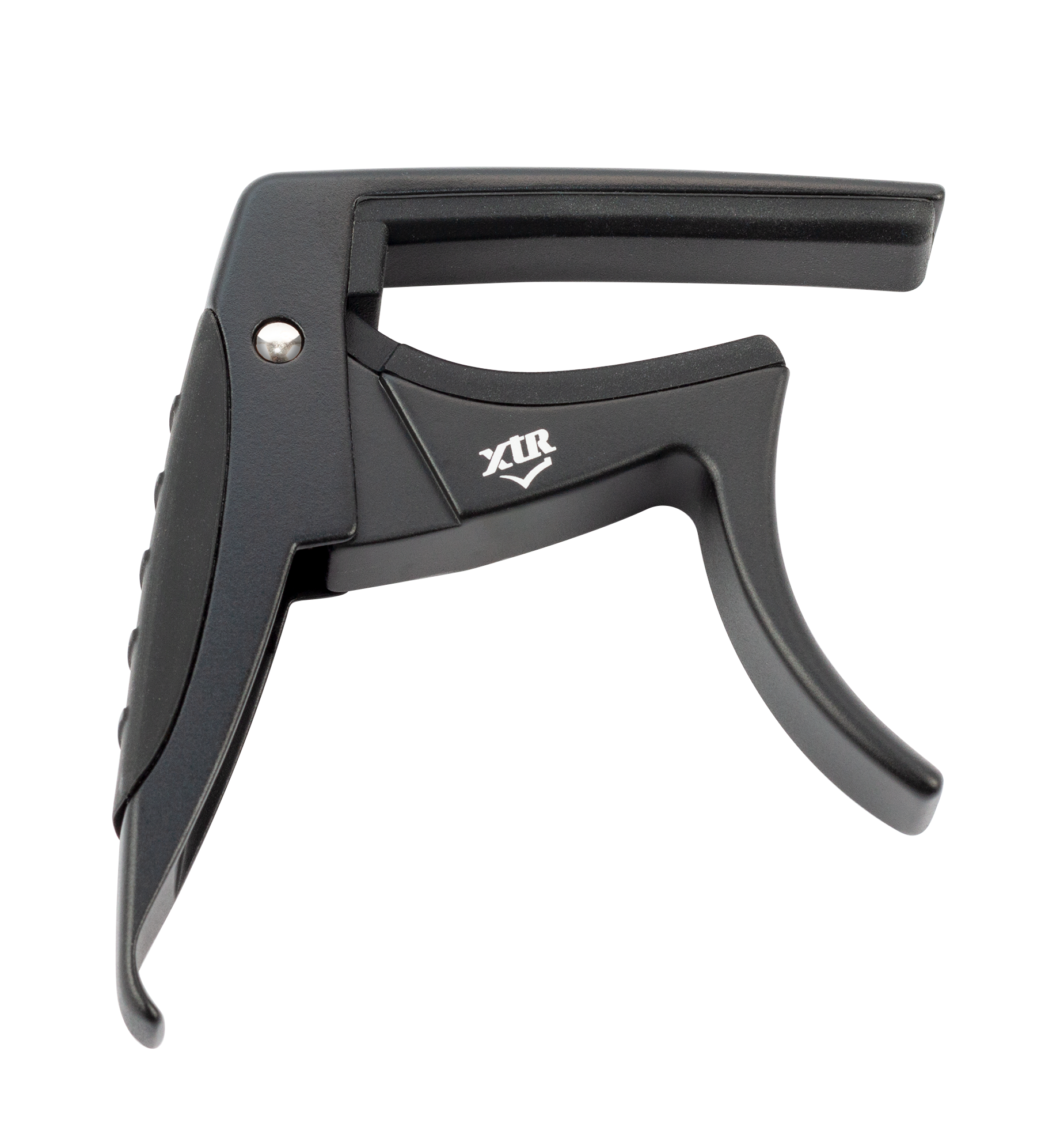 Black XTR Trigger Style Acoustic Guitar Capo resting on a guitar neck, showcasing its ergonomic design and secure clamp mechanism.