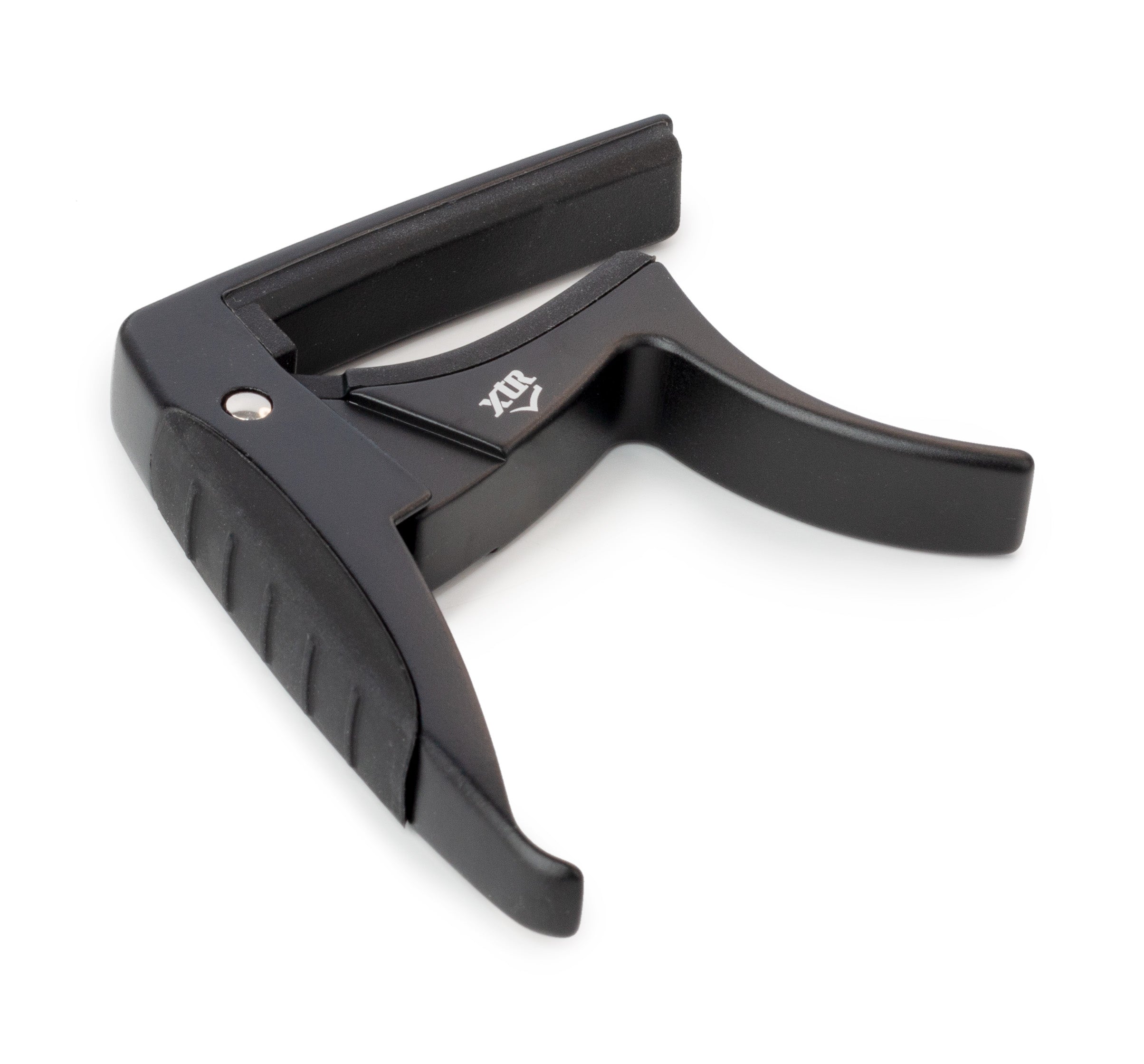 Black XTR Trigger Style Acoustic Guitar Capo clipped onto the neck of a guitar, showing its design and clamp mechanism.