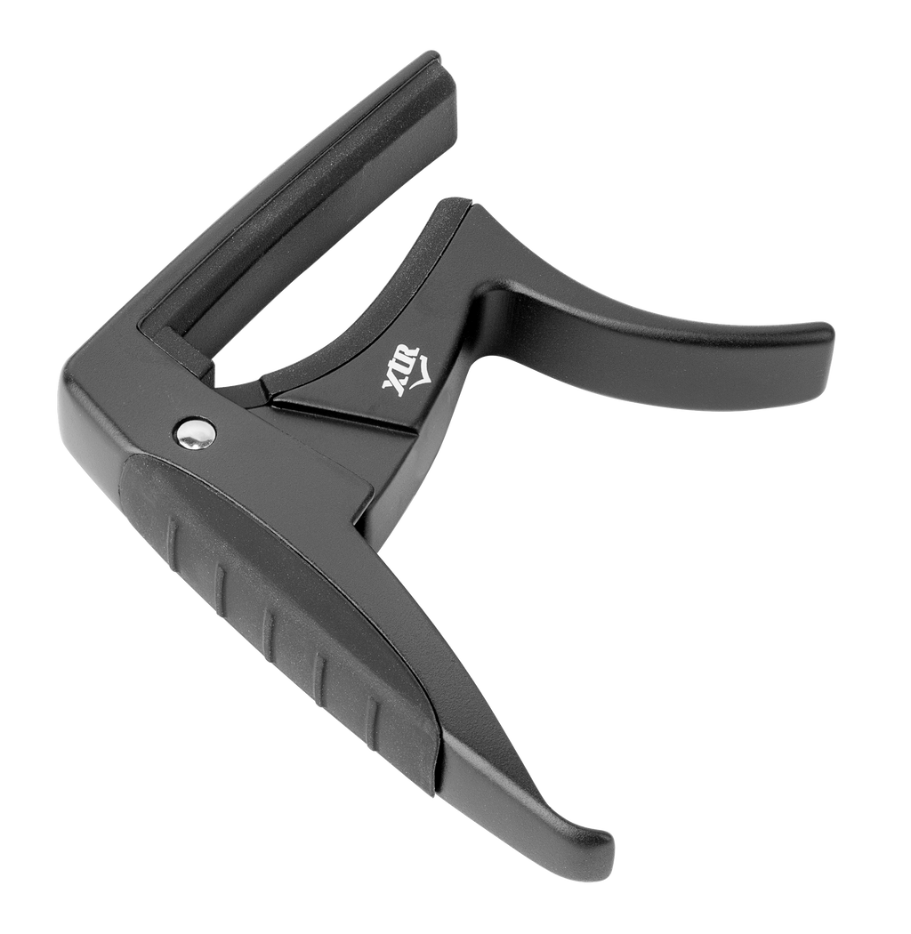 Black XTR Trigger Style Acoustic Guitar Capo for easy one-handed adjustment on guitar necks, shown in a close-up view.