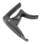 Black XTR Trigger Style Acoustic Guitar Capo for easy one-handed adjustment on guitar necks, shown in a close-up view.