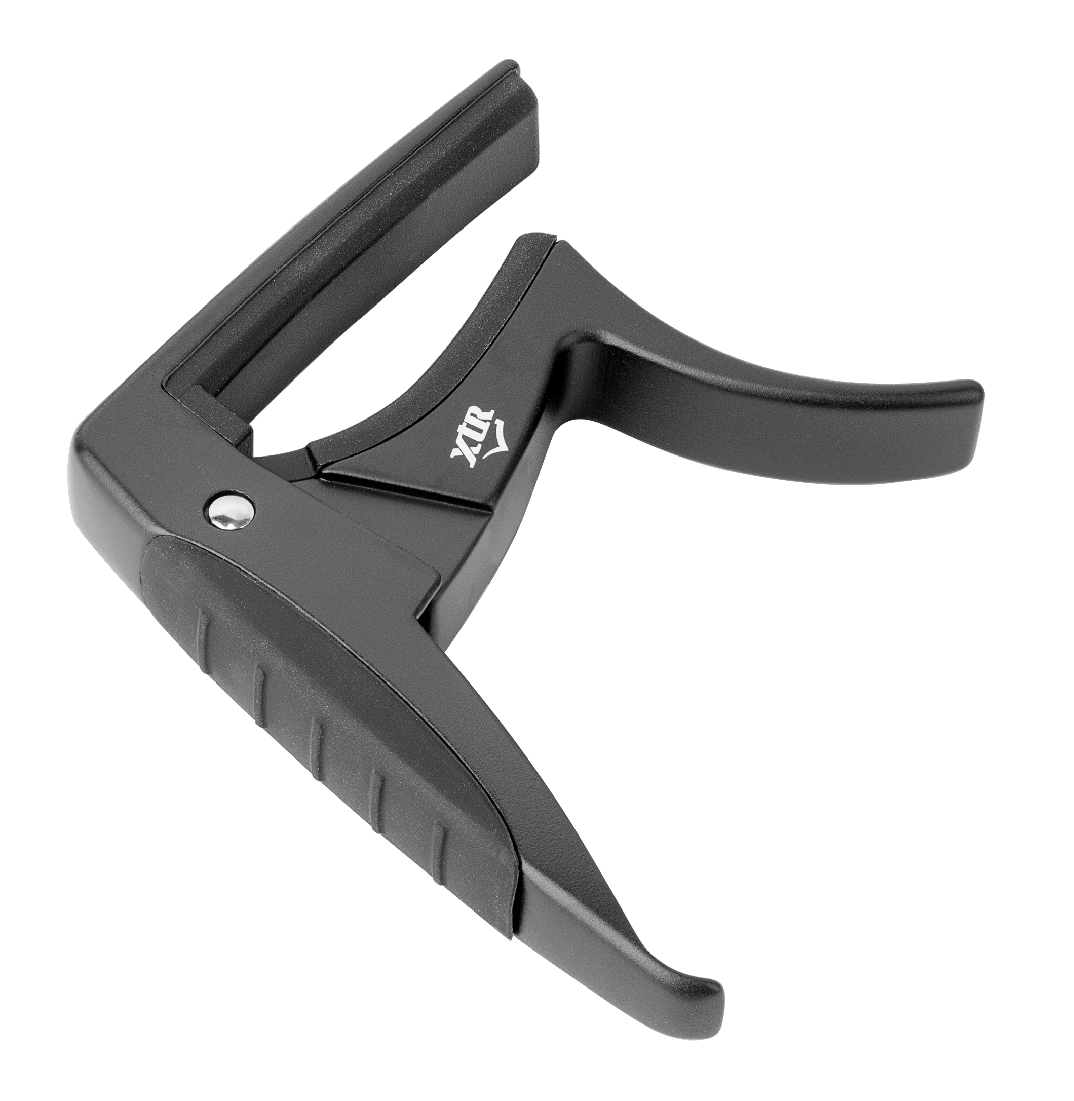 Black XTR Trigger Style Acoustic Guitar Capo for easy one-handed adjustment on guitar necks, shown in a close-up view.