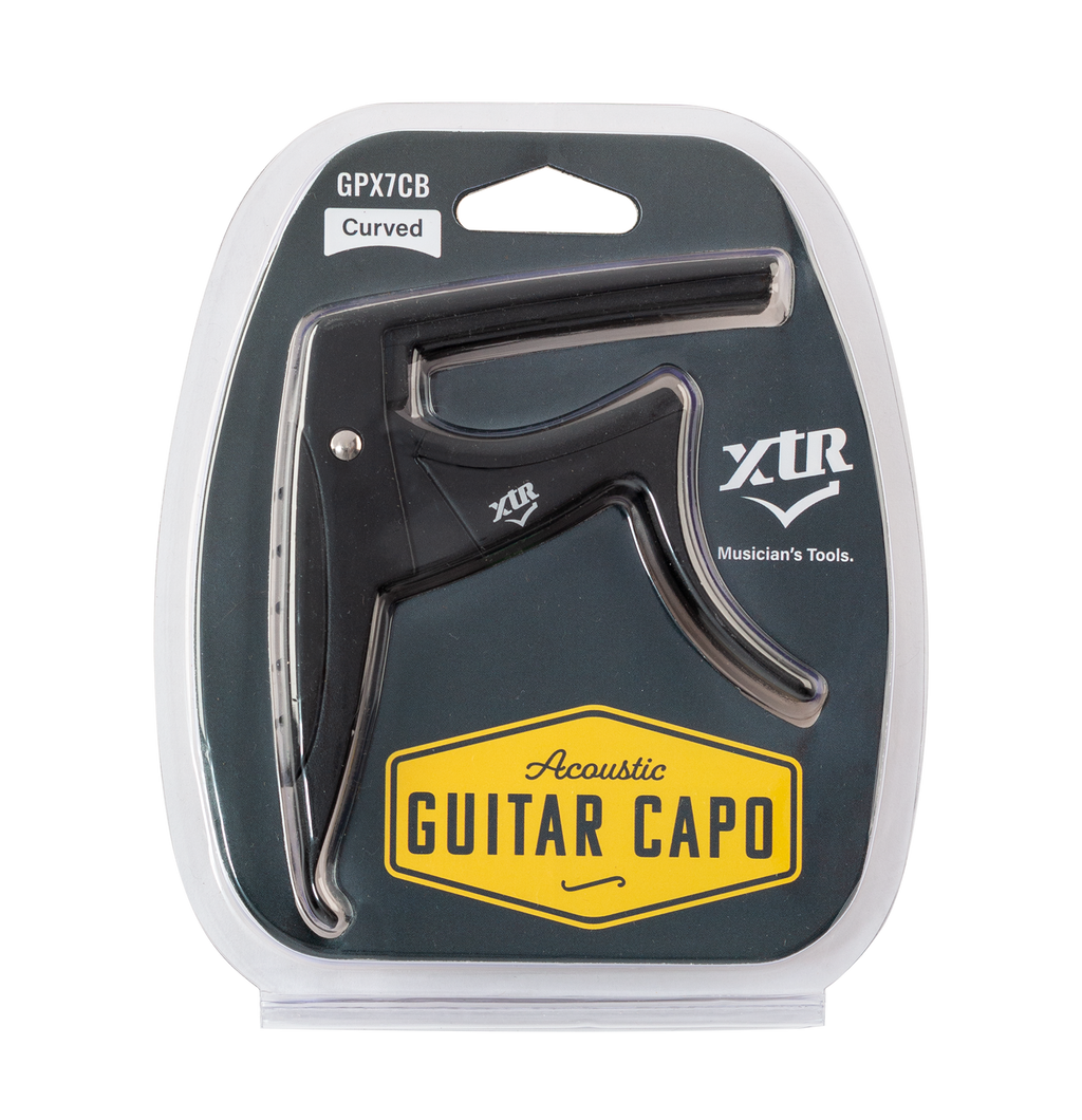 Black XTR Trigger Style Acoustic Guitar Capo with adjustable clamp for easy one-handed operation.