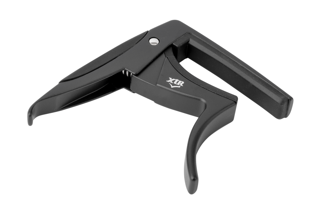 Black XTR Trigger Style Acoustic Guitar Capo mounted on a guitar neck, showcasing its ergonomic design and secure grip.