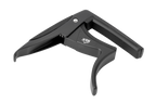 Black XTR Trigger Style Acoustic Guitar Capo mounted on a guitar neck, showcasing its ergonomic design and secure grip.