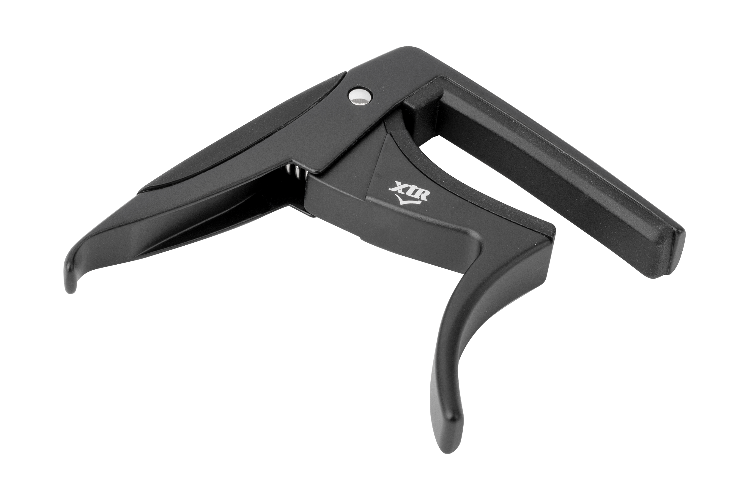 Black XTR Trigger Style Acoustic Guitar Capo mounted on a guitar neck, showcasing its ergonomic design and secure grip.