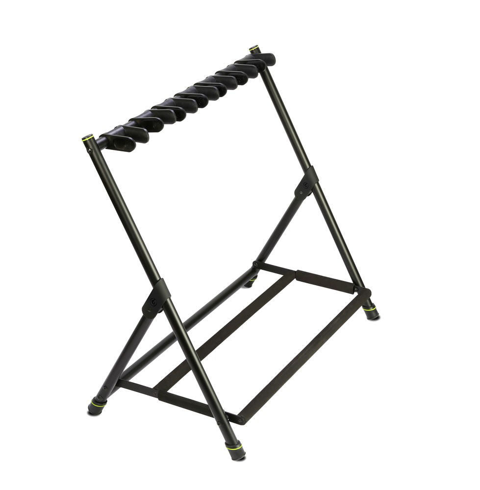 Gravity VARIG7 folding guitar rack holding seven guitars, made of durable metal with padded supports for secure storage.