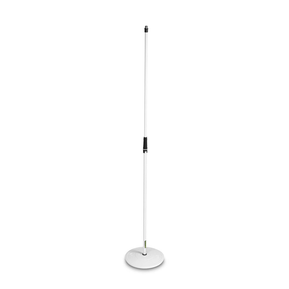 White Gravity GMS23W round base microphone stand with adjustable height and sturdy design for studio or stage use.