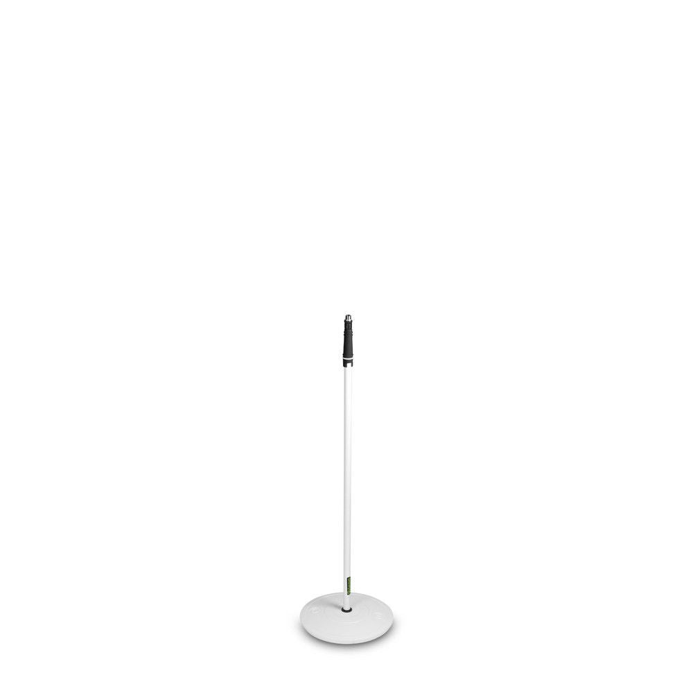 White Gravity GMS23W round base microphone stand with adjustable height and sturdy construction for studio and stage use.