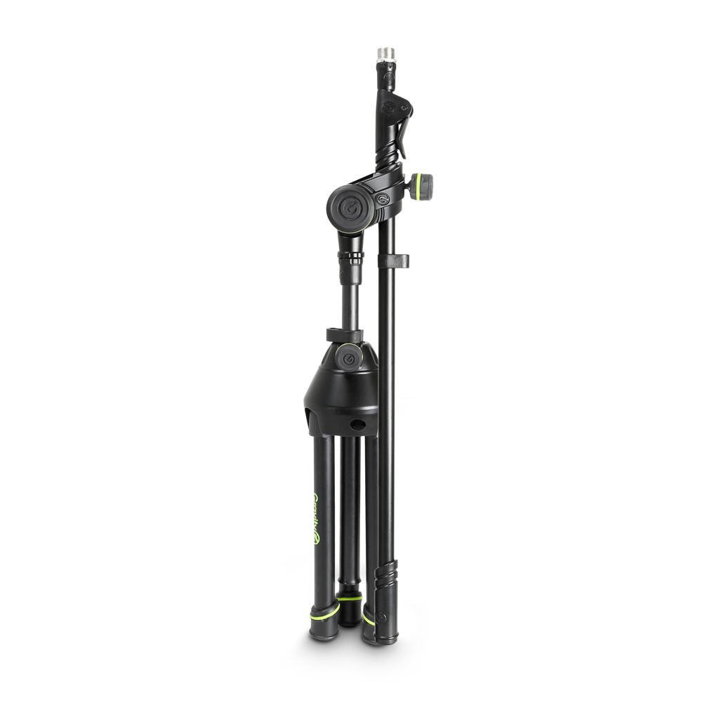Gravity GMS3122HDB short tripod microphone stand with heavy-duty base, black metal construction, adjustable height, and secure grip.
