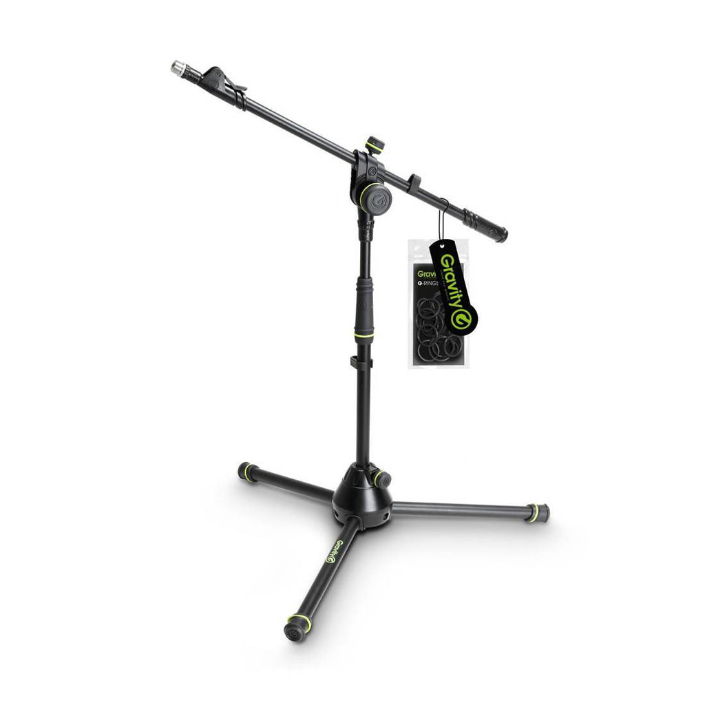 Gravity GMS4222B short tripod microphone stand with telescopic boom, adjustable height, and sturdy metal construction.
