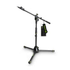 Gravity GMS4222B short tripod microphone stand with telescopic boom, adjustable height, and sturdy metal construction.