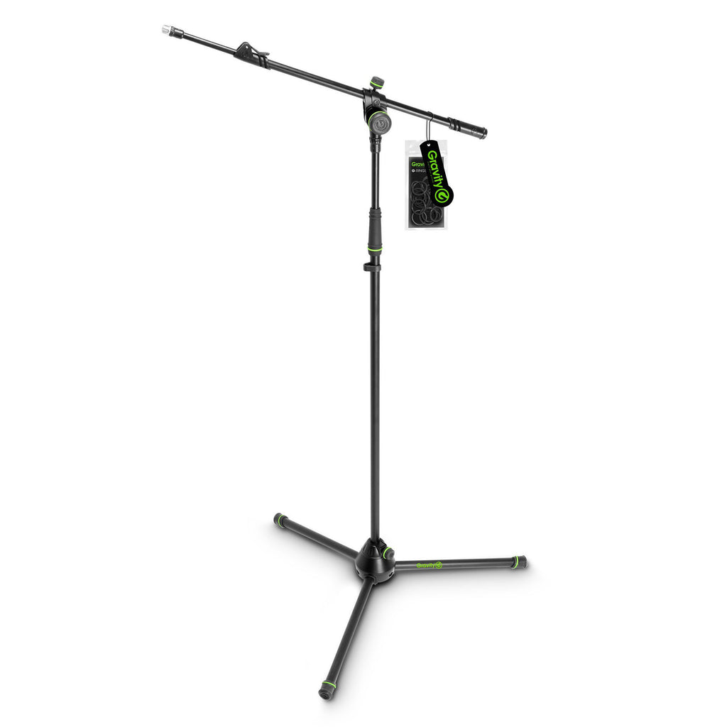 Gravity GMS4322B tripod microphone stand with telescopic boom, adjustable height, and sturdy metal construction.