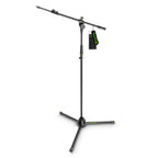 Gravity GMS4322B tripod microphone stand with telescopic boom, adjustable height, and sturdy metal construction.