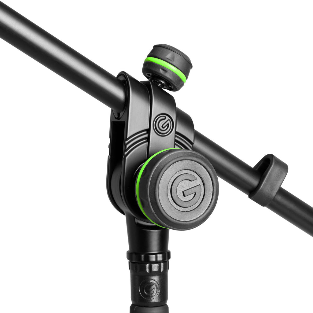 Gravity GMS4322B tripod microphone stand with telescopic boom, adjustable height and sturdy metal construction for studio or stage use.