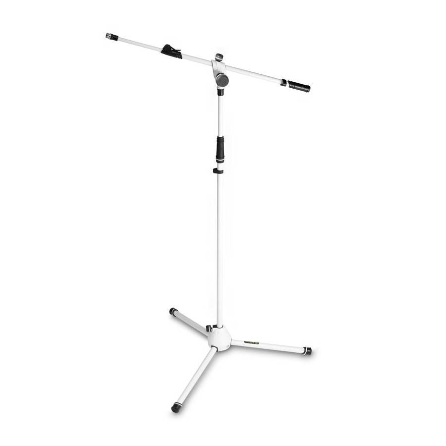 Gravity MS4322W white microphone stand with folding tripod base and adjustable tele boom for versatile audio setup.
