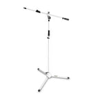 Gravity MS4322W white microphone stand with folding tripod base and adjustable tele boom for versatile audio setup.