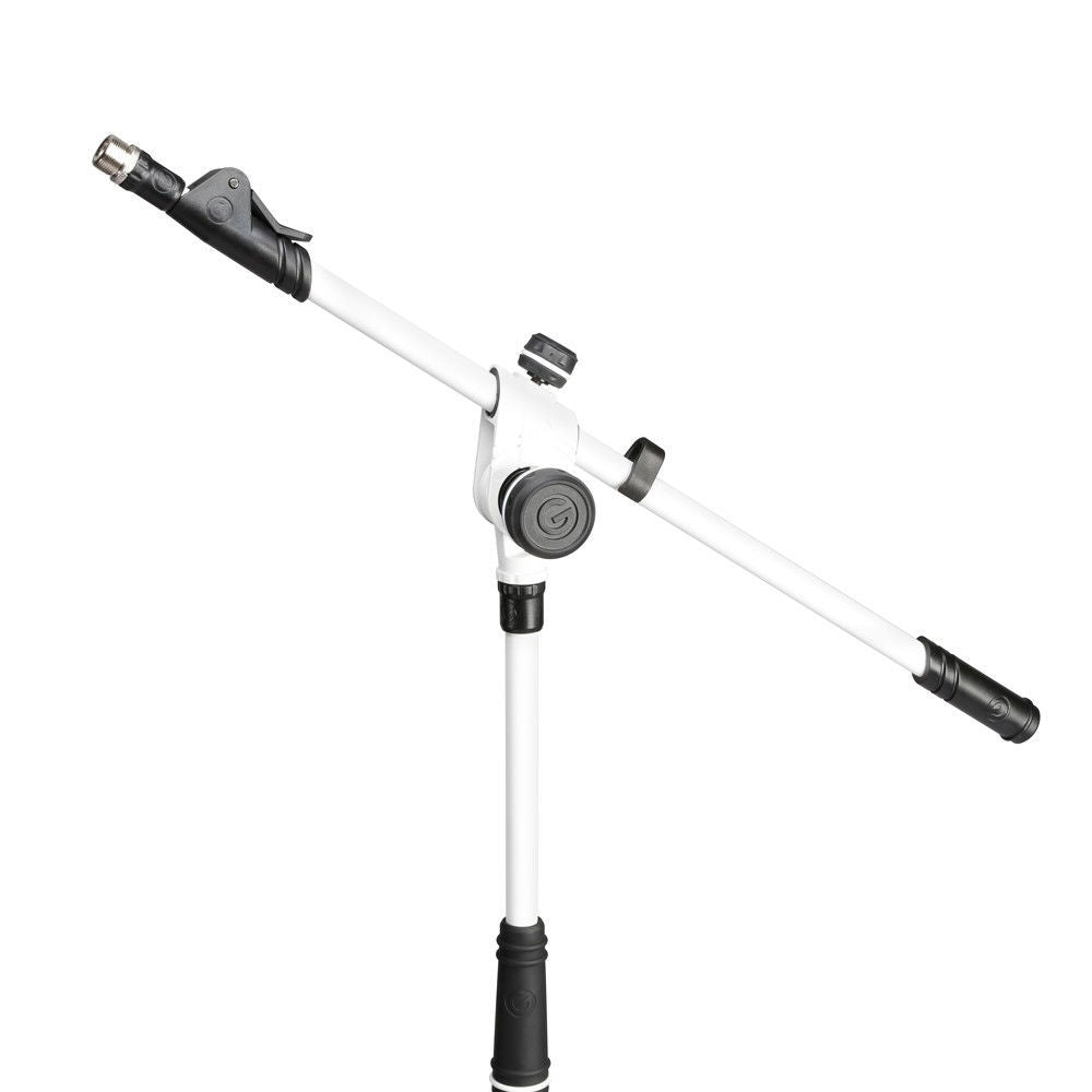 Gravity MS4322W white microphone stand with folding tripod base and adjustable tele boom for studio or stage use.