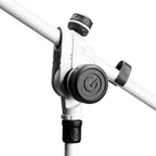 Gravity MS4322W white microphone stand with folding tripod base and adjustable tele boom for versatile audio setup.