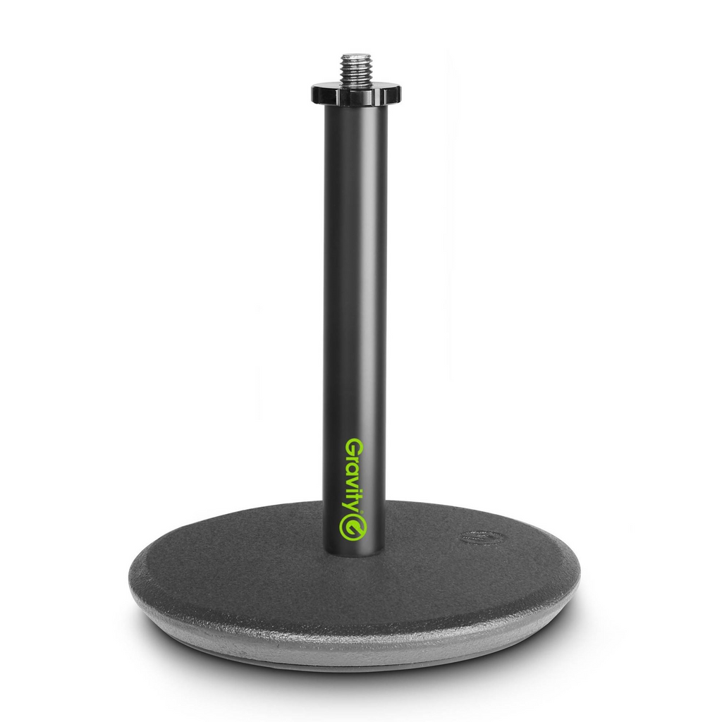 Gravity GMST01B round base short microphone stand with adjustable height and stable round metal base for studio or stage use.