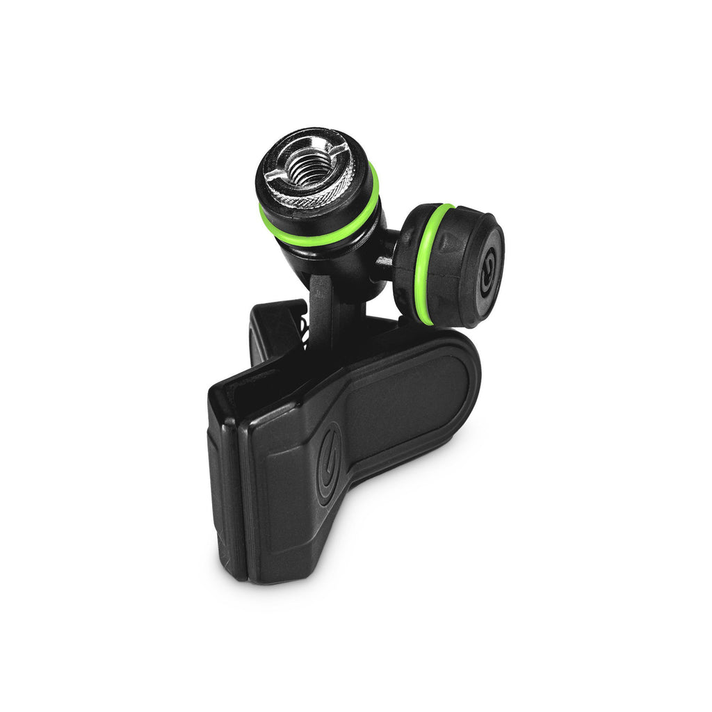 Gravity MSUCLMP universal adjustable microphone clip attached to a microphone stand, showcasing its flexible mounting design.