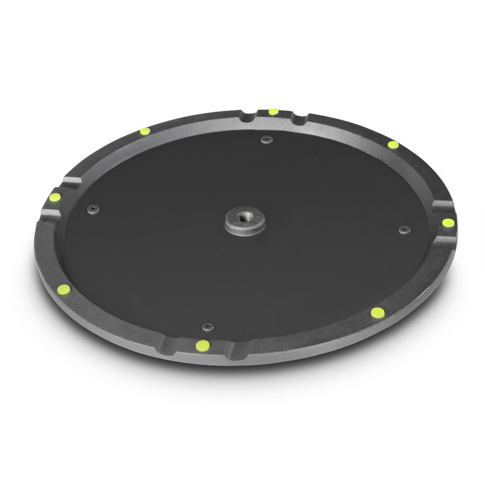 Round cast iron base for M20 poles by Gravity, designed for sturdy support in stands, brackets, and accessories.