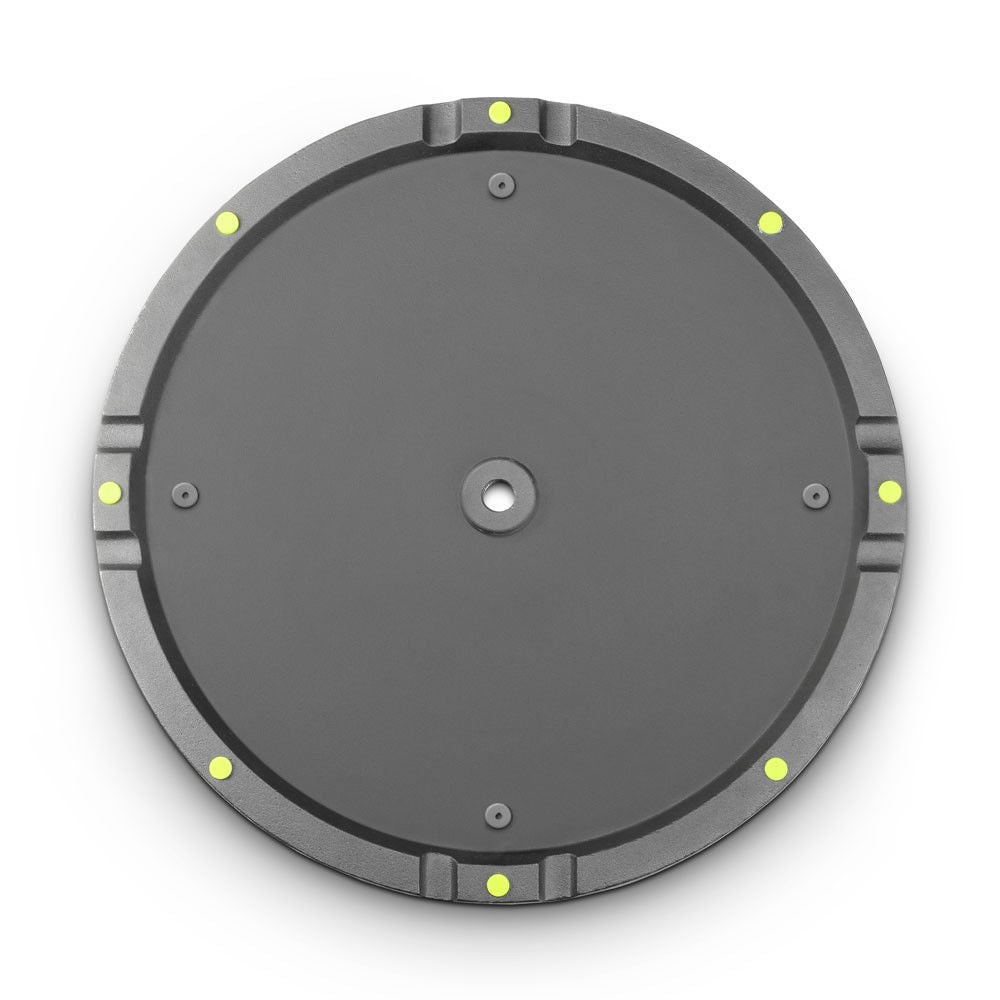 Round cast iron base for M20 poles by Gravity, designed for sturdy stands and brackets, shown in the image.