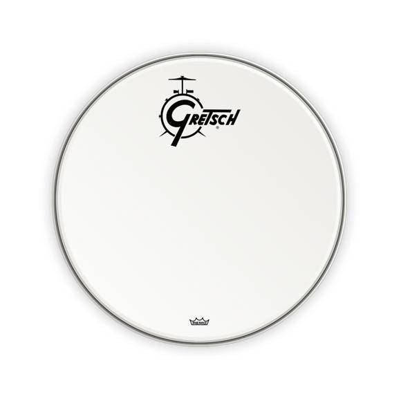 Gretsch Drums 22-inch white top logo drumhead showing the branded logo and smooth white surface for snare or tom drum.