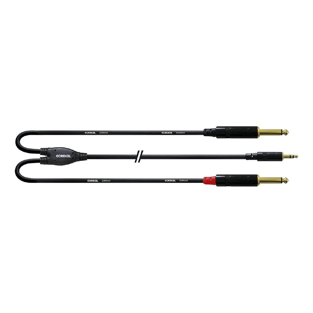 Cordial 6m Y-Adapter audio cable with 3.5mm TRS plug and two 6.35mm TS plugs for professional PA use.