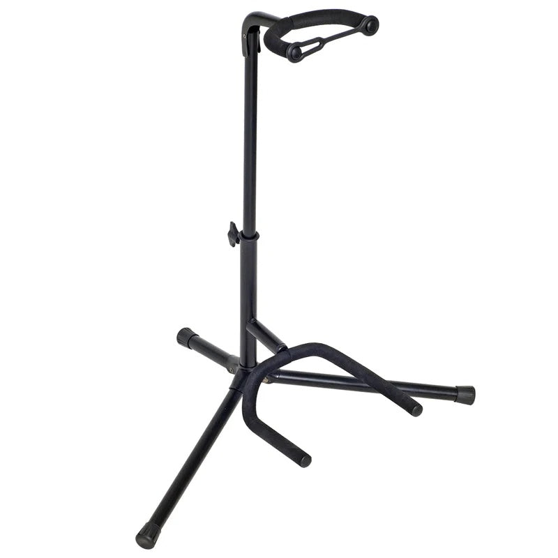 Xtreme Xtreme Guitar Stand holding an electric guitar, black metal frame with padded support for secure placement.