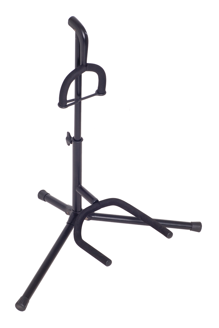 Xtreme guitar stand holding a guitar, black metal frame with padded support for secure storage of electric or acoustic guitars.