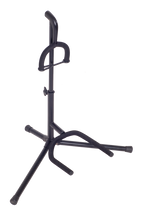 Xtreme guitar stand holding a guitar, black metal frame with padded support for secure storage of electric or acoustic guitars.