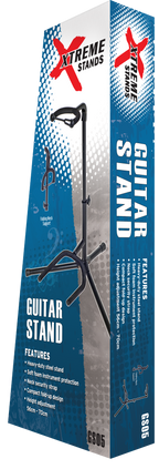 Xtreme guitar stand with padded arms and black finish, designed to securely hold an electric or acoustic guitar.