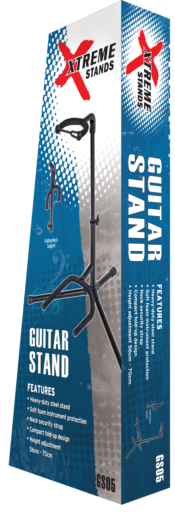 Xtreme guitar stand with padded arms and black finish, designed to securely hold an electric or acoustic guitar.