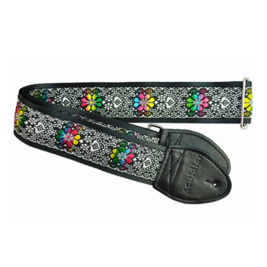 Souldier USA Daydream Guitar Strap Black & Silver with Rainbow Flowers
