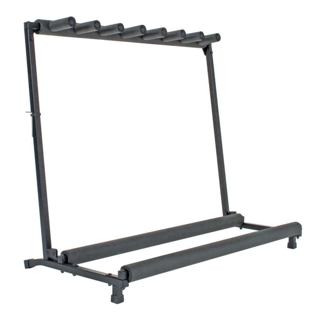 Xtreme GS807 7-way guitar stand holding multiple electric guitars with padded arms and sturdy black metal construction.