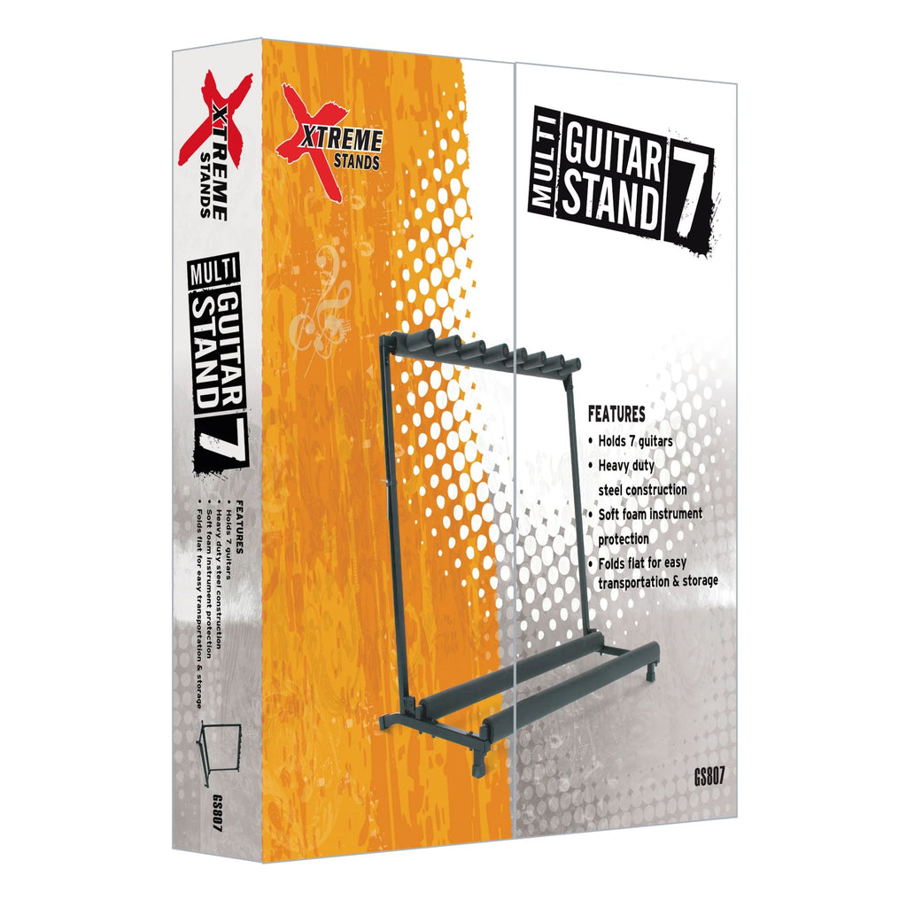 Xtreme GS807 7-way guitar stand holding multiple electric guitars with padded supports and sturdy metal construction.