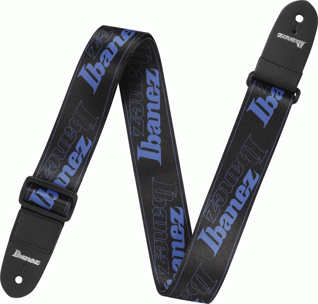 Blue Ibanez GSD50 guitar strap with adjustable length and padded comfort for secure, stylish instrument support.