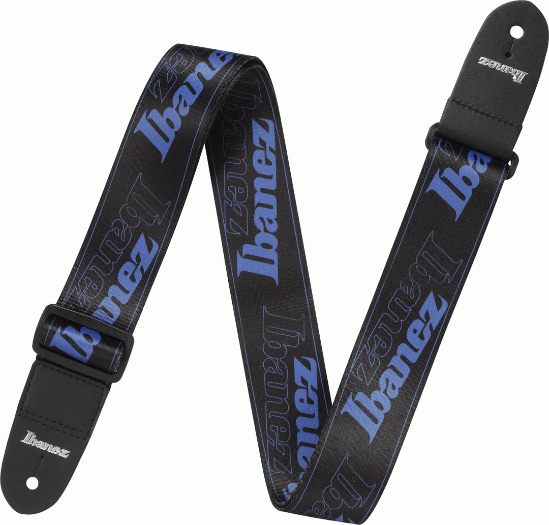 Blue Ibanez GSD50 guitar strap with adjustable length and padded comfort for secure, stylish instrument support.