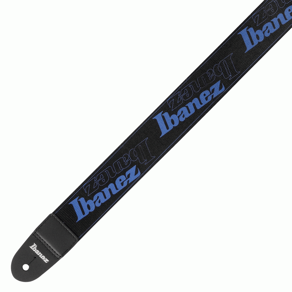 Blue Ibanez GSD50 guitar strap with adjustable length and padded comfort for secure instrument support.
