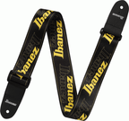 Yellow Ibanez GSD50 guitar strap with adjustable length and padded comfort, featuring the IBANEZ logo and durable nylon material.
