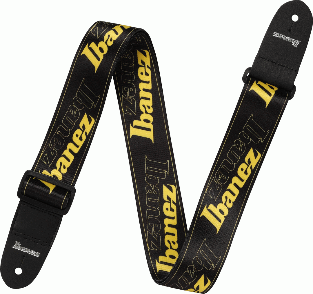 Yellow Ibanez GSD50 guitar strap with adjustable length and padded comfort, featuring the IBANEZ logo and durable nylon material.