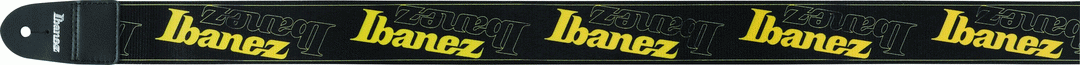 Yellow Ibanez GSD50 guitar strap with black accents, adjustable strap for comfortable guitar playing.