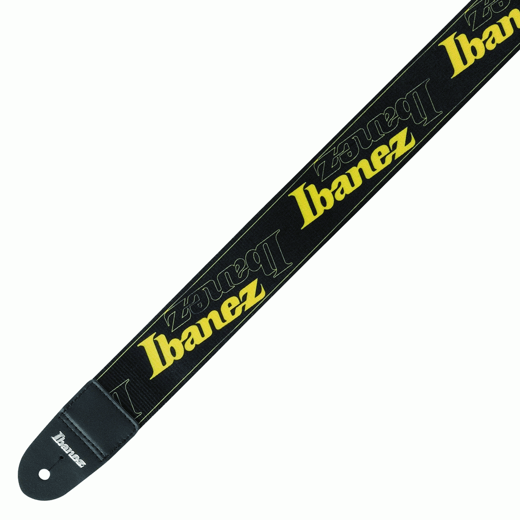 Ibanez GSD50 yellow guitar strap featuring adjustable strap with leather ends, designed for comfortable playing.