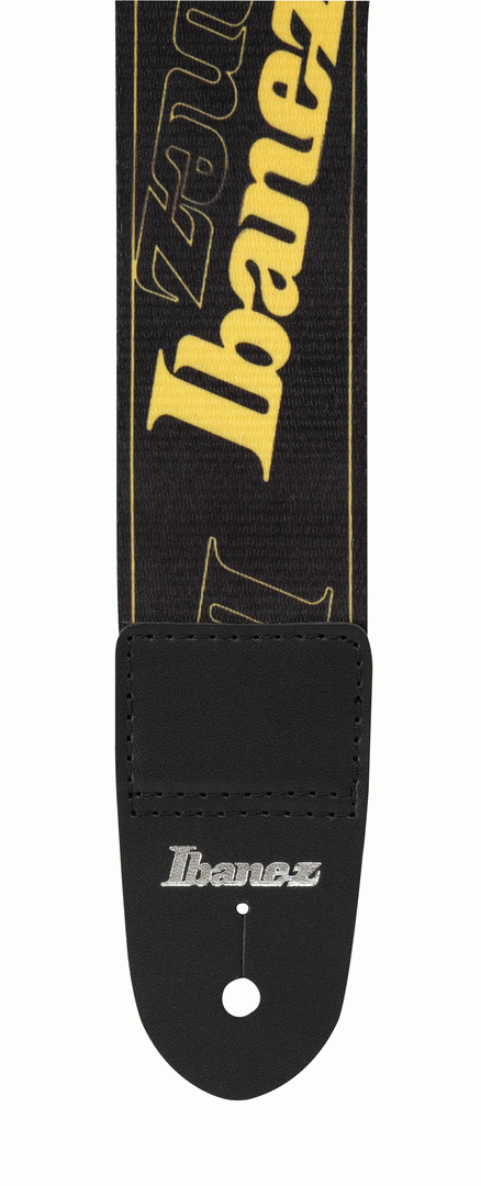 Yellow Ibanez GSD50 guitar strap with adjustable design and branded logo, made for comfortable, secure instrument support.