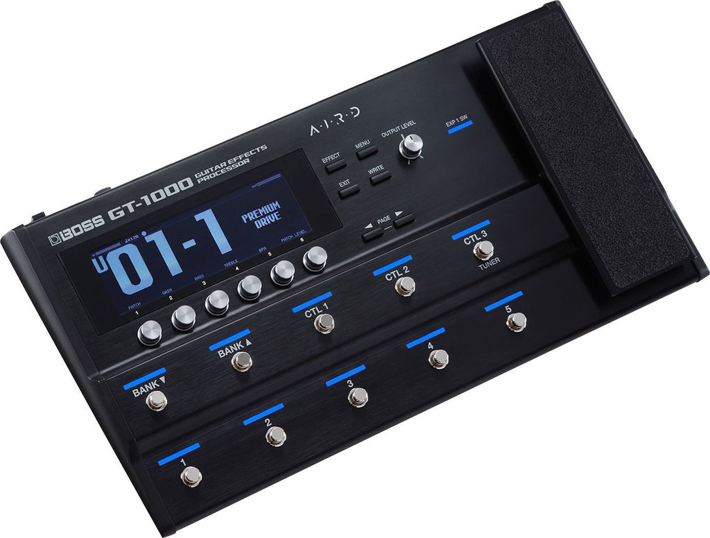 BOSS GT-1000 guitar amp and multi-effects processor with multiple control knobs and digital display for versatile sound effects.