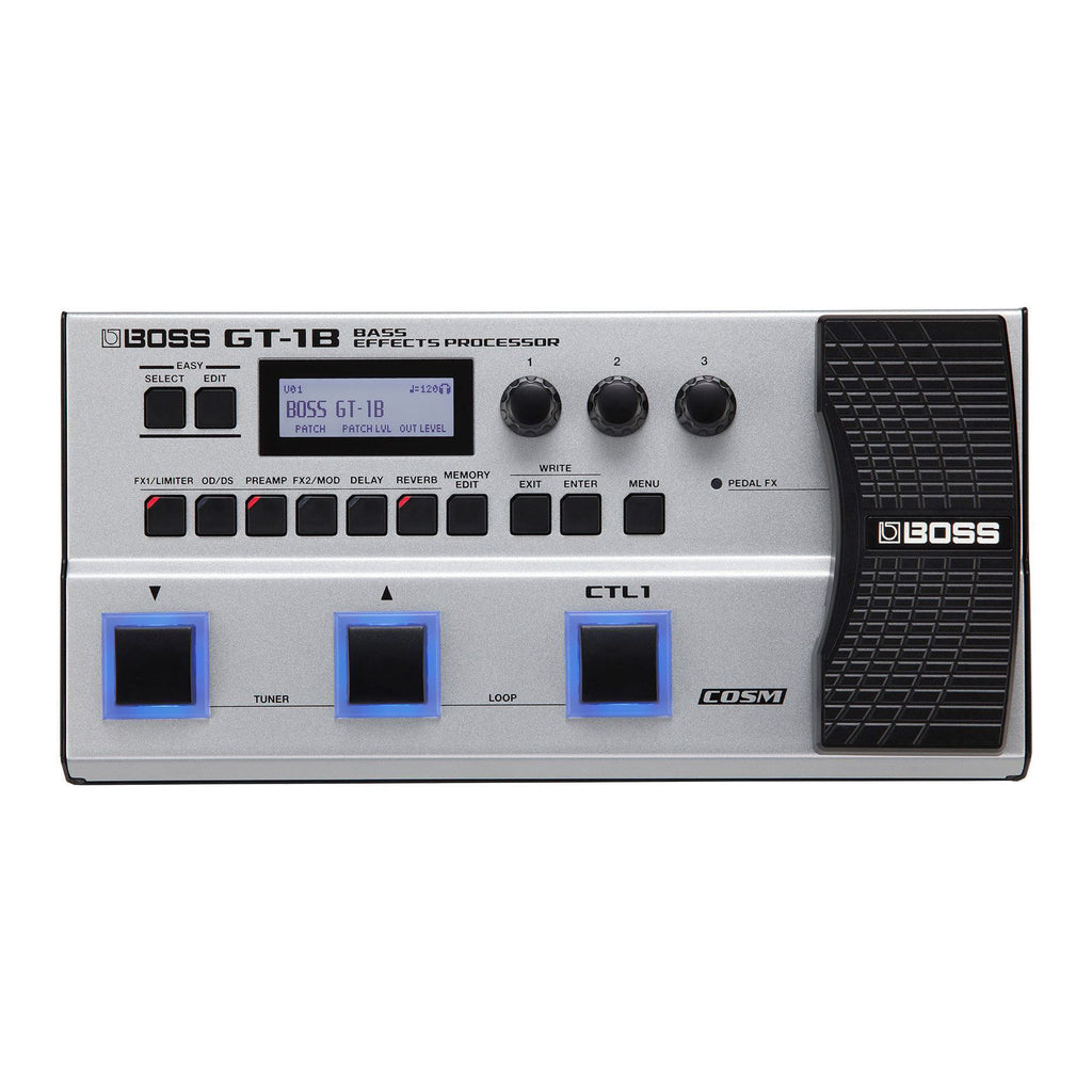 BOSS GT-1B bass effects processor pedal with multiple effect controls and input/output jacks, designed for bass guitar effects.