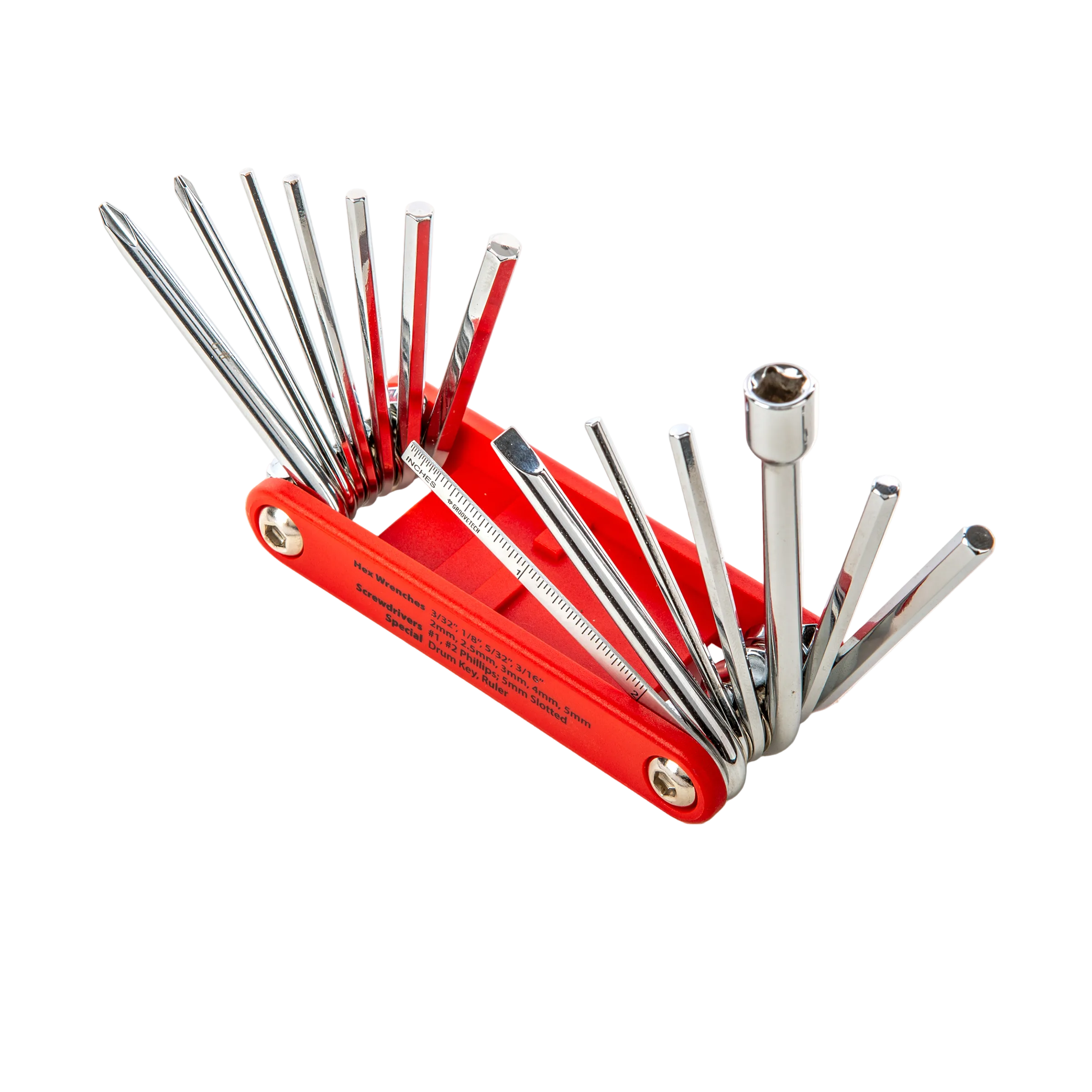 Groovetech® Drum multi-tool for guitar accessories, shown open with various tools and attachments on a white background.