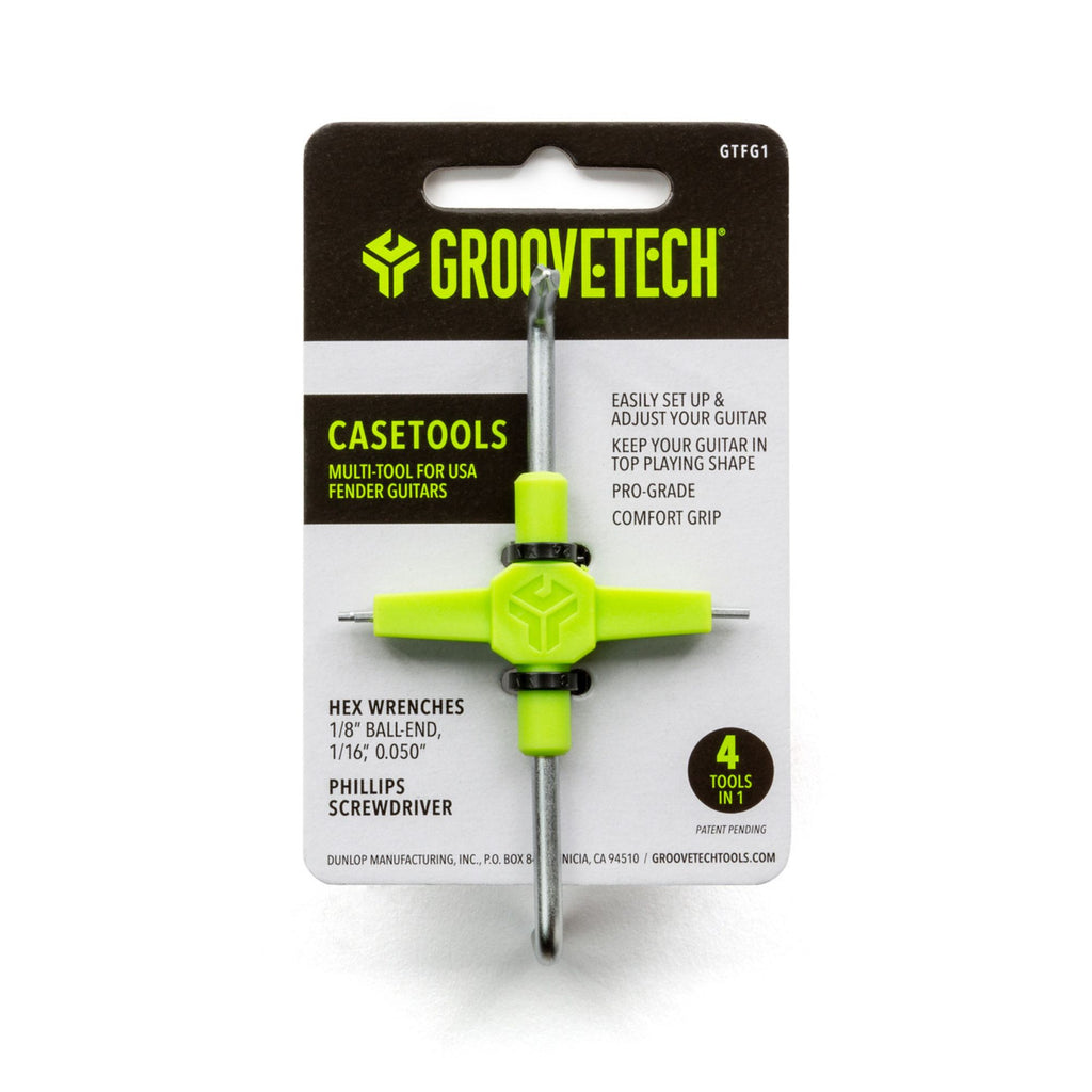 Groovetech® Multi-Tool for Fender® USA guitars, guitar accessories, shown on a workbench with various tools and guitar parts.